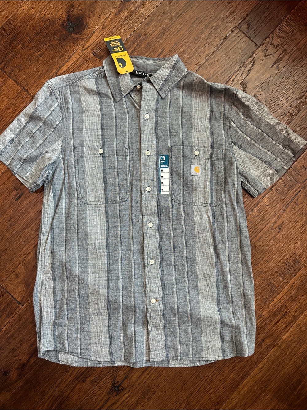 Carhartt Men's Short Sleeve Button-Up Shirt in Gray and Blue Stripe